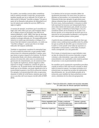 Extracciones, extractivismos y extrahecciones - Gudynas




En cambio, una medida correcta debe contabilizar                   Los destinos de los recursos extraídos deben ser
toda la materia extraída o removida, incorporando                  igualmente precisados. En unos casos, los pasos si-
también aquella que no es utilizada. Por lo tanto, se              guientes en procesarlos y en consumirlos son esen-
debe incluir la llamada “mochila ecológica” (la que es             cialmente locales (por ejemplo, la agricultura para
parte de los llamados indicadores de intensidad en el              obtener alimentos que se aprovecharán localmente).
uso de materia por unidad de servicio; MIPS en su                  En otros casos, el procesamiento y consumo es sobre
sigla en inglés).                                                  todo nacional; los recursos son transportados hacia
                                                                   otros sitios dentro del mismo país, donde son proce-
A manera de ejemplo, recuérdese que la mochila eco-                sados, y luego se distribuyen hasta llegar a los con-
lógica del cobre indica que por cada tonelada obteni-              sumidores dentro de las fronteras de un país. Una
da, se deben extraer en promedio unas 500 ton de                   tercera opción, es la extracción de recursos que en su
materia (Ritthoff y colab., 2002). Este tipo de abordaje           mayoría no son procesados localmente y son exporta-
se puede ampliar a otras variables, como el agua con-              dos como materias primas a otros países.
sumida, la energía utilizada, etc. En emprendimientos
mineros es común que únicamente se indique el vo-                  A partir de estas consideraciones queda en claro que
lumen final del mineral comercializado, y se omite esa             existen varias combinaciones posibles entre los atribu-
“mochila ecológica”, a pesar que ésta es un mejor                  tos que se acaban de describir, que se resumen en el
indicador del impacto ambiental.                                   Cuadro 1. Como puede verse todas las opciones co-
                                                                   rresponden a extracciones, y entre ellas, el extracti-
También es importante considerar la intensidad bajo                vismo corresponde a un caso particular.
la cual se realiza la extracción, ya que pueden haber
extracciones de volúmenes pequeños o medios, pero                  Por lo tanto, el extractivismo es aquí definido como
que tienen un grave impacto en el entorno. En efecto,              un tipo de extracción de recursos naturales, en gran
la intensidad alude a los efectos ambientales en el                volumen o alta intensidad, y que están orientados
proceso de extracción, tales como su ecotoxicidad,                 esencialmente a ser exportados como materias primas
generación de contaminantes, uso de sustancias tóxi-               sin procesar, o con un procesamiento mínimo.
cas, empleo de explosivos, efectos negativos sobre
especies en riesgo o endémicas, emisión de gases in-               Se considera que la orientación exportadora prevalece
vernadero, etc. Se puede ilustrar esta dimensión seña-             cuando al menos el 50% del recurso extraído es desti-
lando que en los metales, una parte significativa de su            nado al comercio exterior. Las etapas incluidas en el
ecotoxicidad se genera a nivel de la extracción minera.            extractivismo van desde las acciones de exploración,
Por ejemplo, la ecotoxicicidad del cobre es aproxima-              descubrimiento, etc., las actividades propias de la
damente el doble de la del hierro; mientras que la del             extracción, pero también las fases posteriores (como
oro es una diez mil veces mayor a la del cobre (UNEP,              cierre y abandono de los sitios de apropiación).
2010).


                                                         Cuadro 1. Tipos de extracción y destino de recursos naturales.
                                                                        En cada caso se ofrecen ejemplos ilustrativos.


                         Destino                                  Volumen / Intensidad de la extracción
                         comercial                        Bajo                        Medio                   Alto
                         Local                   Cultivo campesino de          Tala de bosque nati-   Captura de agua
                                                 alimentos para                vo para obtener leña   para riego o uso
                                                 autoconsumo                                          doméstico

                         Nacional                Fibras vegetales para         Frutas y verduras      Arenas y gravas
                                                 cestería, techos, etc.        convencionales para    para construcción
                                                                               mercados nacionales

                         Exportación             Alimentos orgánicos           Flores de              EXTRACTIVISMO
                                                                               invernadero            Minerales
                                                                                                      Hidrocarburos
                                                                                                      Monocultivos de
                                                                                                      exportación



                                                              3
 