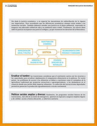 28 HAY ALTERNATIVAS TRANSICIONES PARA SALIR DEL VIEJO DESARROLLO 
AL EXTRACTIVISMO 
Sin duda la justicia económica, y en especial los mecanismos de redistribución de la riqueza 
son importantes. Pero recordemos que las diferencias económicas siempre están atadas a las 
asimetrías sociales. También debemos atender una justicia en el plano ambiental, expresado en 
asegurar una adecuada calidad de vida y un ambiente sano a todos. Finalmente, las nuevas ideas 
sobre la justicia incorporan una justicia ecológica, ya que reconocen los derechos de la Naturaleza. 
REDISTRIBUCIÓN 
ECONÓMICA 
JUSTICIA 
REPRESENTACIÓN 
SOCIAL Y POLÍTICA 
AMBIENTAL Y 
CALIDAD DE VIDA 
RECONOCIMIENTO COMO 
PERSONAS Y CIUDADANOS 
ECOLÓGICA 
DERECHOS DE LA 
NATURALEZA 
Erradicar el hambre: las transiciones consideran que el continente cuenta con los recursos y 
las capacidades para erradicar rápidamente el componente alimentario en la pobreza. En varios 
países, los problemas de acceso a los alimentos se deben a cuestiones como el reemplazo de la 
agricultura tradicional por proyectos extractivos o agroexportadores, o los desbalances en el 
comercio donde una nación debe importar alimentos. La reducción del extractivismo depredador 
permitiría potenciar la producción agroalimentaria a escala continental. 
Políticas sociales amplias y diversas: finalmente, los programas sociales básicos de las 
transiciones, más allá de acciones de emergencia, apuntan en especial a asegurar empleos dignos 
y de calidad, acceso a buena educación, y cobertura sanitaria. 
 