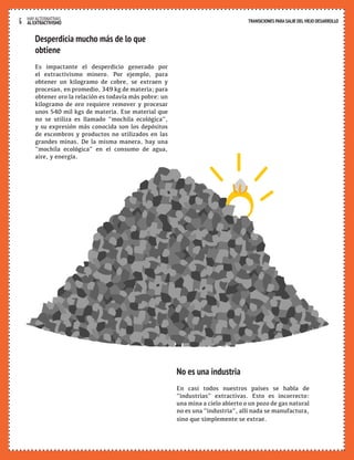 6 HAY ALTERNATIVAS 
AL EXTRACTIVISMO 
Desperdicia mucho más de lo que 
obtiene 
Es impactante el desperdicio generado por 
el extractivismo minero. Por ejemplo, para 
obtener un kilogramo de cobre, se extraen y 
procesan, en promedio, 349 kg de materia; para 
obtener oro la relación es todavía más pobre: un 
kilogramo de oro requiere remover y procesar 
unos 540 mil kgs de materia. Ese material que 
no se utiliza es llamado “mochila ecológica”, 
y su expresión más conocida son los depósitos 
de escombros y productos no utilizados en las 
grandes minas. De la misma manera, hay una 
“mochila ecológica” en el consumo de agua, 
aire, y energía. 
TRANSICIONES PARA SALIR DEL VIEJO DESARROLLO 
No es una industria 
En casi todos nuestros países se habla de 
“industrias” extractivas. Esto es incorrecto: 
una mina a cielo abierto o un pozo de gas natural 
no es una “industria”, allí nada se manufactura, 
sino que simplemente se extrae. 
 