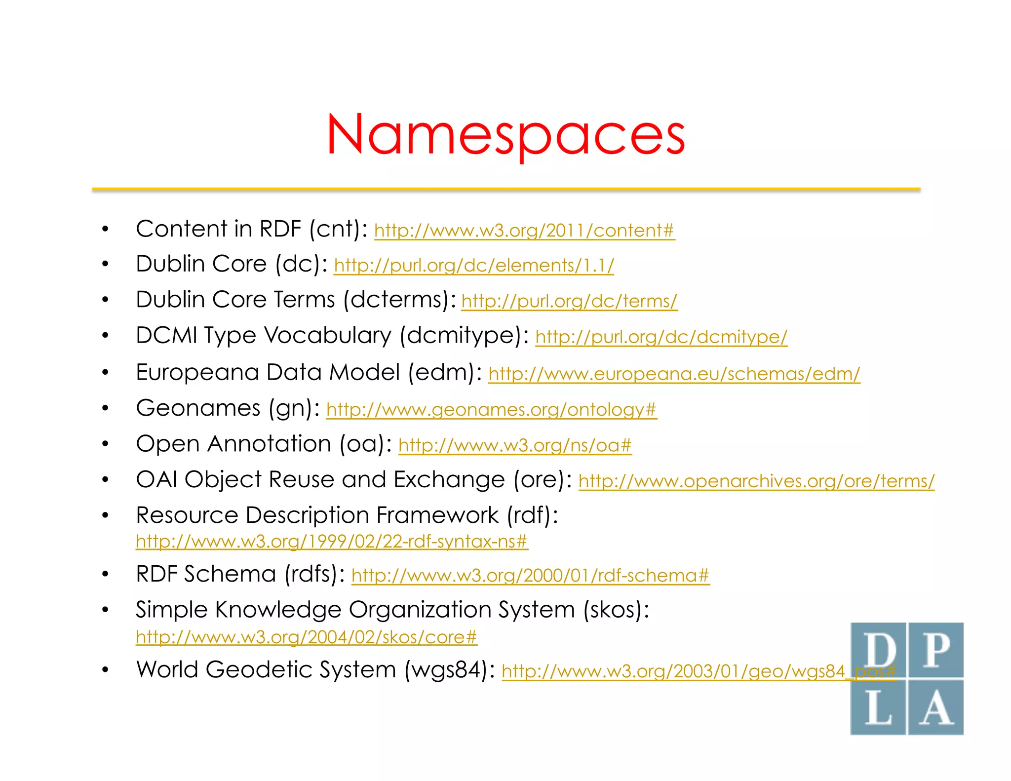Namespaces 
• Content in RDF (cnt): http://www.w3.org/2011/content# 
• Dublin Core (dc): http://purl.org/dc/elements/1.1/ 
• Dublin Core Terms (dcterms): http://purl.org/dc/terms/ 
• DCMI Type Vocabulary (dcmitype): http://purl.org/dc/dcmitype/ 
• Europeana Data Model (edm): http://www.europeana.eu/schemas/edm/ 
• Geonames (gn): http://www.geonames.org/ontology# 
• Open Annotation (oa): http://www.w3.org/ns/oa# 
• OAI Object Reuse and Exchange (ore): http://www.openarchives.org/ore/terms/ 
• Resource Description Framework (rdf): 
http://www.w3.org/1999/02/22-rdf-syntax-ns# 
• RDF Schema (rdfs): http://www.w3.org/2000/01/rdf-schema# 
• Simple Knowledge Organization System (skos): 
http://www.w3.org/2004/02/skos/core# 
• World Geodetic System (wgs84): http://www.w3.org/2003/01/geo/wgs84_pos# 
 