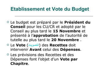 Etablissement et Vote du Budget

   Le budget est préparé par le Président du
    Conseil pour les CU/CR et adopté par le
    Conseil au plus tard le 15 Novembre et
    présenté à l’approbation de l’autorité de
    tutelle au plus tard le 20 Novembre .
   Le Vote (‫ )التصويت‬des Recettes doit
    intervenir Avant celui des Dépenses.
   Les prévisions des Recettes et des
    Dépenses font l’objet d’un Vote par
    Chapitre.
 