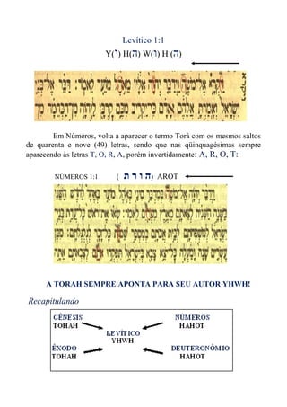 Levítico 1:1
Y(‫י‬) H(‫ה‬) W(‫ו‬) H (‫ה‬)
Em Números, volta a aparecer o termo Torá com os mesmos saltos
de quarenta e nove (49) letras, sendo que nas qüinquagésimas sempre
aparecendo às letras T, O, R, A, porém invertidamente: A, R, O, T:
NÚMEROS 1:1 ( ‫ת‬ ‫ר‬ ‫ו‬ ‫ה‬) AROT
A TORAH SEMPRE APONTA PARA SEU AUTOR YHWH!
Recapitulando
 