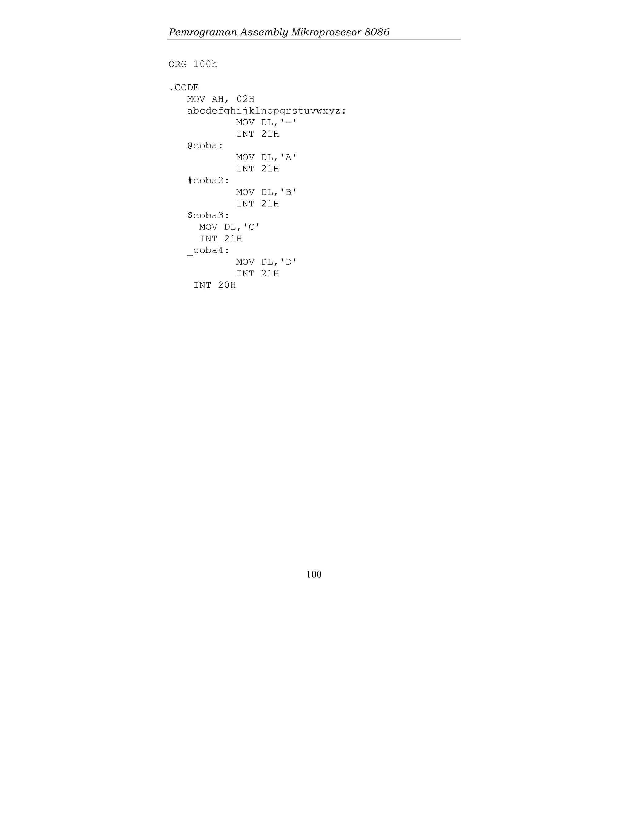 Pemrograman Assembly Mikroprosesor 8086
100
ORG 100h
.CODE
MOV AH, 02H
abcdefghijklnopqrstuvwxyz:
MOV DL,'-'
INT 21H
@coba:
MOV DL,'A'
INT 21H
#coba2:
MOV DL,'B'
INT 21H
$coba3:
MOV DL,'C'
INT 21H
_coba4:
MOV DL,'D'
INT 21H
INT 20H
 