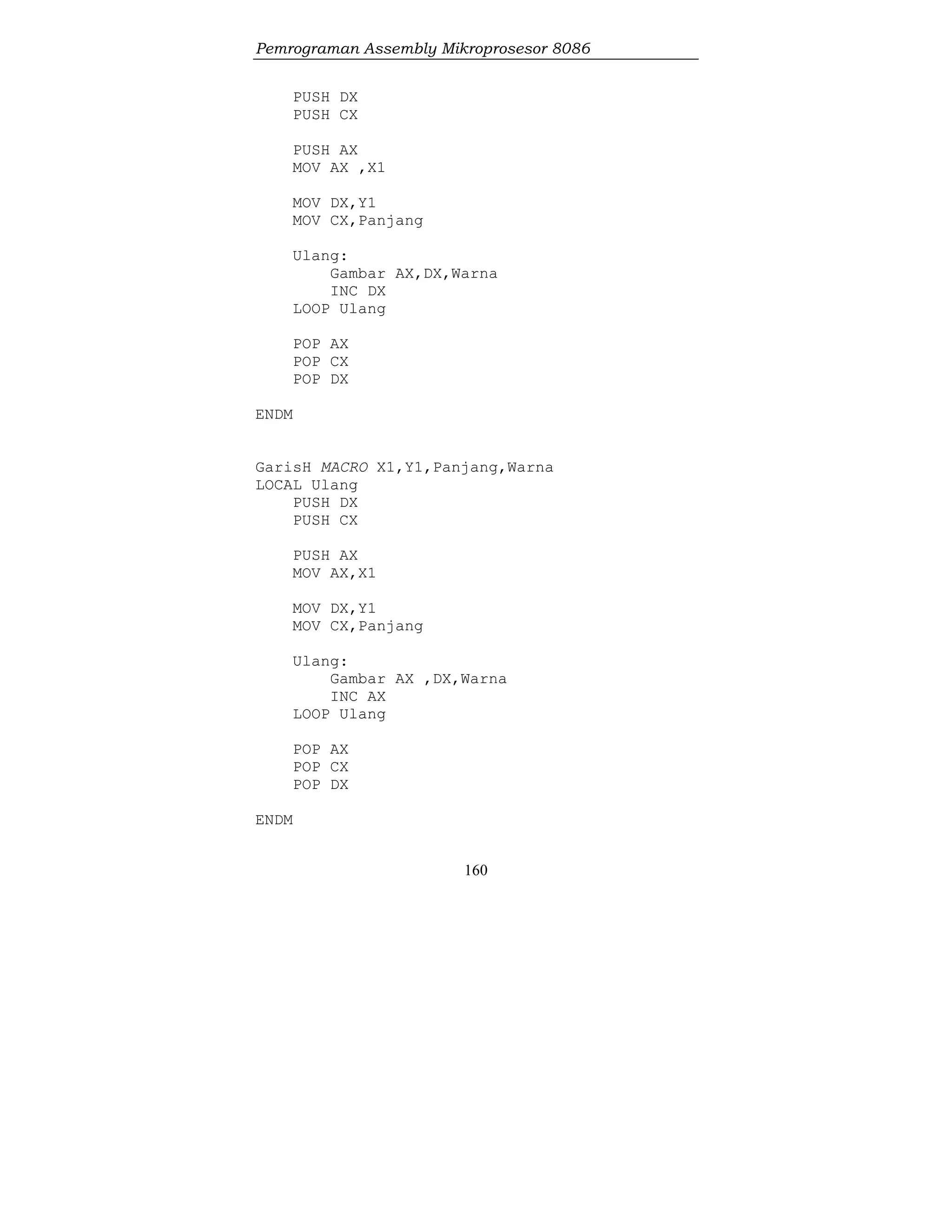 Pemrograman Assembly Mikroprosesor 8086
160
PUSH DX
PUSH CX
PUSH AX
MOV AX ,X1
MOV DX,Y1
MOV CX,Panjang
Ulang:
Gambar AX,DX,Warna
INC DX
LOOP Ulang
POP AX
POP CX
POP DX
ENDM
GarisH MACRO X1,Y1,Panjang,Warna
LOCAL Ulang
PUSH DX
PUSH CX
PUSH AX
MOV AX,X1
MOV DX,Y1
MOV CX,Panjang
Ulang:
Gambar AX ,DX,Warna
INC AX
LOOP Ulang
POP AX
POP CX
POP DX
ENDM
 