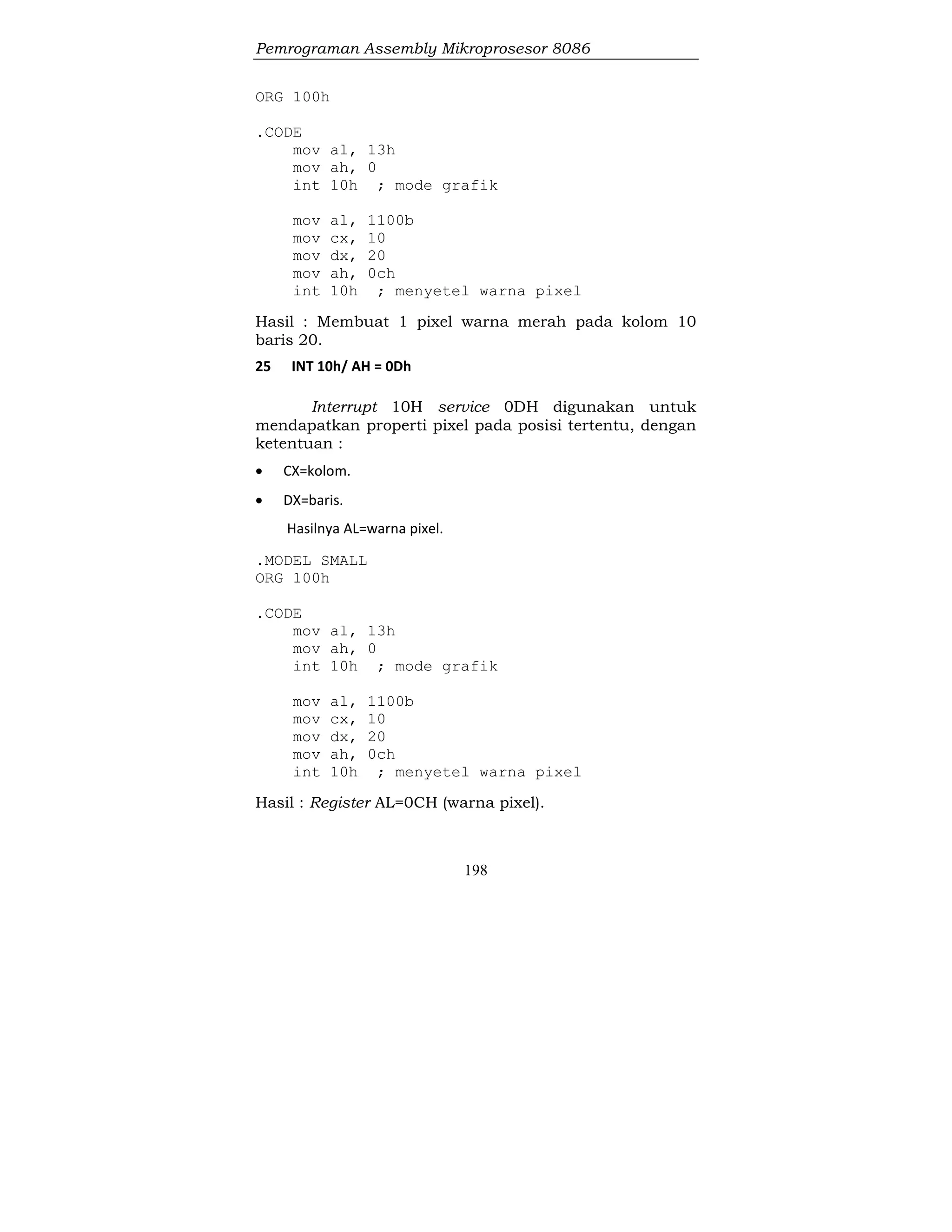 Pemrograman Assembly Mikroprosesor 8086
198
ORG 100h
.CODE
mov al, 13h
mov ah, 0
int 10h ; mode grafik
mov al, 1100b
mov cx, 10
mov dx, 20
mov ah, 0ch
int 10h ; menyetel warna pixel
Hasil : Membuat 1 pixel warna merah pada kolom 10
baris 20.
25 INT 10h/ AH = 0Dh
Interrupt 10H service 0DH digunakan untuk
mendapatkan properti pixel pada posisi tertentu, dengan
ketentuan :
 CX=kolom.
 DX=baris.
Hasilnya AL=warna pixel.
.MODEL SMALL
ORG 100h
.CODE
mov al, 13h
mov ah, 0
int 10h ; mode grafik
mov al, 1100b
mov cx, 10
mov dx, 20
mov ah, 0ch
int 10h ; menyetel warna pixel
Hasil : Register AL=0CH (warna pixel).
 