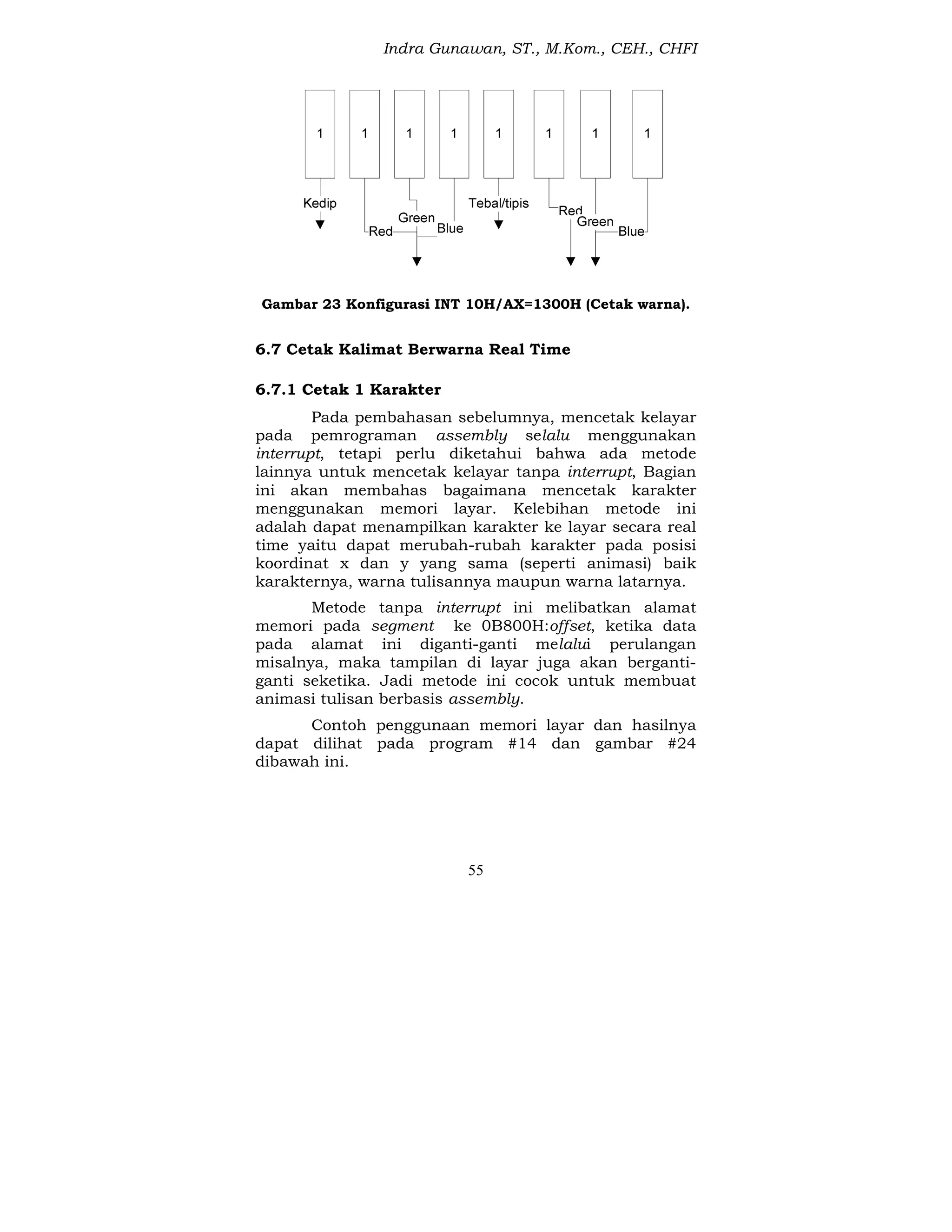 Indra Gunawan, ST., M.Kom., CEH., CHFI
55
Gambar 23 Konfigurasi INT 10H/AX=1300H (Cetak warna).
6.7 Cetak Kalimat Berwarna Real Time
6.7.1 Cetak 1 Karakter
Pada pembahasan sebelumnya, mencetak kelayar
pada pemrograman assembly selalu menggunakan
interrupt, tetapi perlu diketahui bahwa ada metode
lainnya untuk mencetak kelayar tanpa interrupt, Bagian
ini akan membahas bagaimana mencetak karakter
menggunakan memori layar. Kelebihan metode ini
adalah dapat menampilkan karakter ke layar secara real
time yaitu dapat merubah-rubah karakter pada posisi
koordinat x dan y yang sama (seperti animasi) baik
karakternya, warna tulisannya maupun warna latarnya.
Metode tanpa interrupt ini melibatkan alamat
memori pada segment ke 0B800H:offset, ketika data
pada alamat ini diganti-ganti melalui perulangan
misalnya, maka tampilan di layar juga akan berganti-
ganti seketika. Jadi metode ini cocok untuk membuat
animasi tulisan berbasis assembly.
Contoh penggunaan memori layar dan hasilnya
dapat dilihat pada program #14 dan gambar #24
dibawah ini.
 
