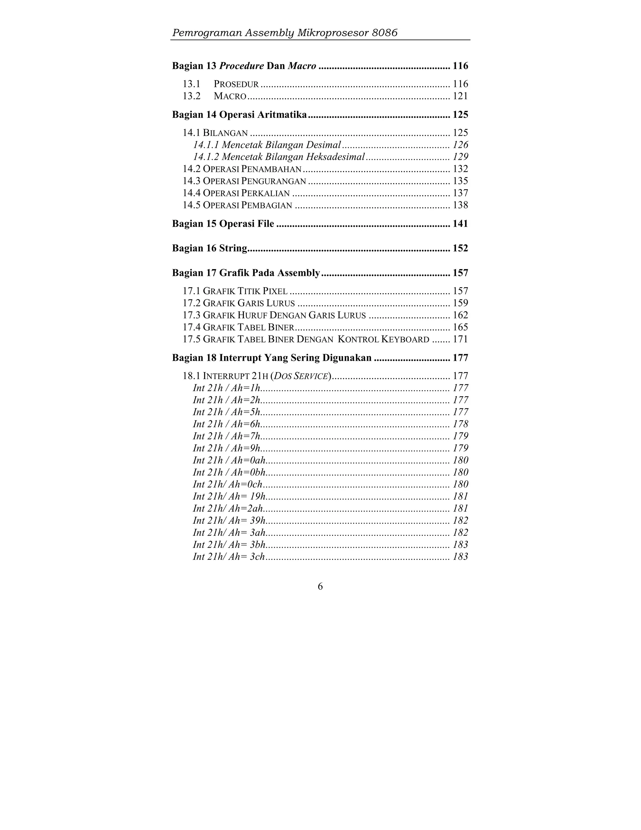 Pemrograman Assembly Mikroprosesor 8086
6
Bagian 13 Procedure Dan Macro .................................................. 116
13.1 PROSEDUR ........................................................................ 116
13.2 MACRO............................................................................. 121
Bagian 14 Operasi Aritmatika...................................................... 125
14.1 BILANGAN ............................................................................ 125
14.1.1 Mencetak Bilangan Desimal......................................... 126
14.1.2 Mencetak Bilangan Heksadesimal................................ 129
14.2 OPERASI PENAMBAHAN........................................................ 132
14.3 OPERASI PENGURANGAN ...................................................... 135
14.4 OPERASI PERKALIAN ............................................................ 137
14.5 OPERASI PEMBAGIAN ........................................................... 138
Bagian 15 Operasi File .................................................................. 141
Bagian 16 String............................................................................. 152
Bagian 17 Grafik Pada Assembly................................................. 157
17.1 GRAFIK TITIK PIXEL ............................................................. 157
17.2 GRAFIK GARIS LURUS .......................................................... 159
17.3 GRAFIK HURUF DENGAN GARIS LURUS ............................... 162
17.4 GRAFIK TABEL BINER........................................................... 165
17.5 GRAFIK TABEL BINER DENGAN KONTROL KEYBOARD ....... 171
Bagian 18 Interrupt Yang Sering Digunakan ............................. 177
18.1 INTERRUPT 21H (DOS SERVICE)............................................. 177
Int 21h / Ah=1h........................................................................ 177
Int 21h / Ah=2h........................................................................ 177
Int 21h / Ah=5h........................................................................ 177
Int 21h / Ah=6h........................................................................ 178
Int 21h / Ah=7h........................................................................ 179
Int 21h / Ah=9h........................................................................ 179
Int 21h / Ah=0ah...................................................................... 180
Int 21h / Ah=0bh...................................................................... 180
Int 21h/ Ah=0ch....................................................................... 180
Int 21h/ Ah= 19h...................................................................... 181
Int 21h/ Ah=2ah....................................................................... 181
Int 21h/ Ah= 39h...................................................................... 182
Int 21h/ Ah= 3ah...................................................................... 182
Int 21h/ Ah= 3bh...................................................................... 183
Int 21h/ Ah= 3ch...................................................................... 183
 