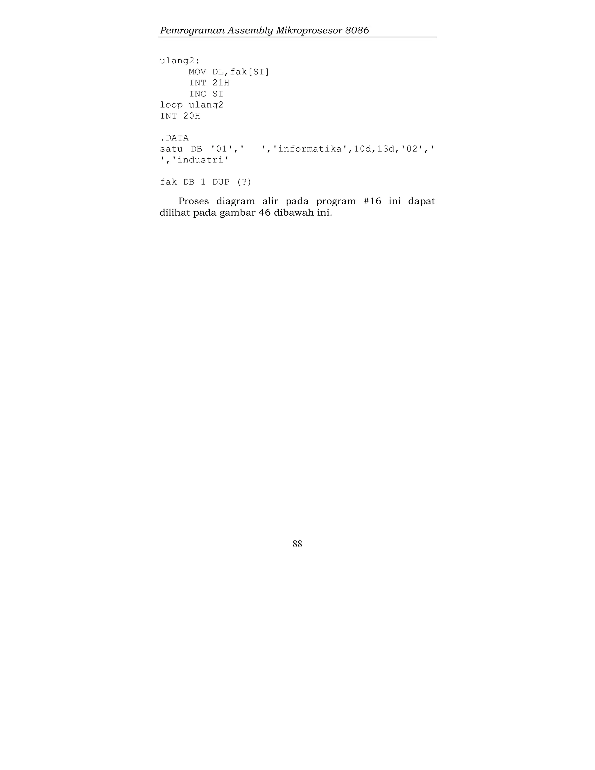 Pemrograman Assembly Mikroprosesor 8086
88
ulang2:
MOV DL,fak[SI]
INT 21H
INC SI
loop ulang2
INT 20H
.DATA
satu DB '01',' ','informatika',10d,13d,'02','
','industri'
fak DB 1 DUP (?)
Proses diagram alir pada program #16 ini dapat
dilihat pada gambar 46 dibawah ini.
 