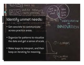 Identify unmet needs:
• Get concrete to communicate
  across practice areas.

• Organize for patterns to visualize
  the data and get a sense of scale.

• Make leaps to interpret, and then
  keep on iterating for meaning.
 