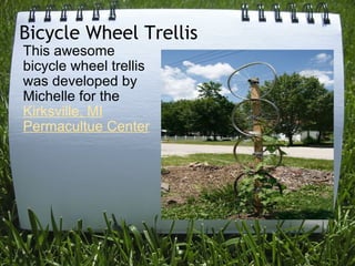 Bicycle Wheel Trellis This awesome bicycle wheel trellis was developed by Michelle for the  Kirksville, MI Permacultue Center 