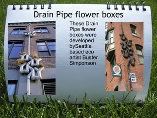 Drain Pipe flower boxes These Drain Pipe flower boxes were developed bySeattle based eco artist Buster Simponson  