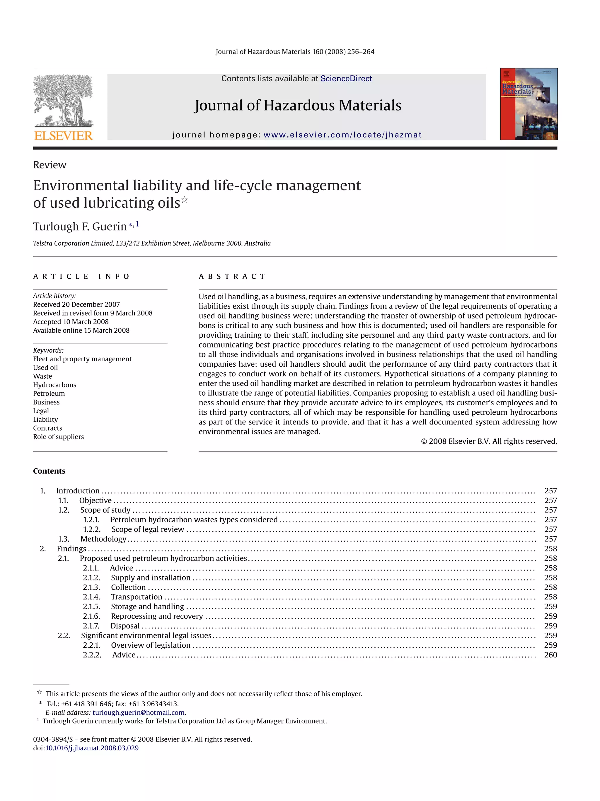 Environmental Liability and Life-cycle Management of Used Lubricating ...