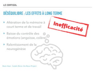 LE CORTISOL
DÉSÉQUILIBRE : LES EFFETS À LONG TERME
‣ Altération de la mémoire à
court terme et de travail
‣ Baisse du contrôle des
émotions (angoisse, colère)
‣ Ralentissement de la
neurogénèse
Brain Heat : Catalin Boroi, the Noun Project
Inefficacité
 