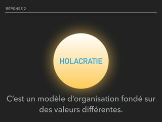 RÉPONSE 2
HOLACRATIE
C’est un modèle d’organisation fondé sur
des valeurs différentes.
 