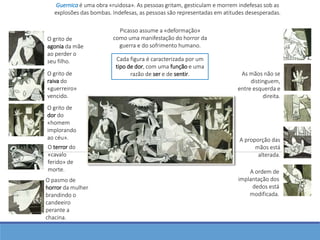 Picasso assume a «deformação»
como uma manifestação do horror da
guerra e do sofrimento humano.
Guernica é uma obra «ruidosa». As pessoas gritam, gesticulam e morrem indefesas sob as
explosões das bombas. Indefesas, as pessoas são representadas em atitudes desesperadas.
Cada figura é caracterizada por um
tipo de dor, com uma função e uma
razão de ser e de sentir.
O grito de
agonia da mãe
ao perder o
seu filho.
O grito de
raiva do
«guerreiro»
vencido.
O grito de
dor do
«homem
implorando
ao céu».
O terror do
«cavalo
ferido» de
morte.
O pasmo de
horror da mulher
brandindo o
candeeiro
perante a
chacina.
As mãos não se
distinguem,
entre esquerda e
direita.
A ordem de
implantação dos
dedos está
modificada.
A proporção das
mãos está
alterada.
 