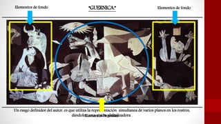 “GUERNICA.”
Un rasgo definidor del autor, es que utiliza la representación simultanea de varios planos en los rostros,
dándoles una visión globalizadora .
Elementos de fondo Elementos de fondo
Elementos Frontales
 
