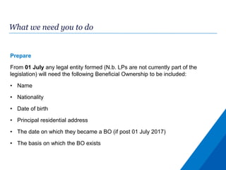 What we need you to do
Prepare
From 01 July any legal entity formed (N.b. LPs are not currently part of the
legislation) will need the following Beneficial Ownership to be included:
• Name
• Nationality
• Date of birth
• Principal residential address
• The date on which they became a BO (if post 01 July 2017)
• The basis on which the BO exists
 