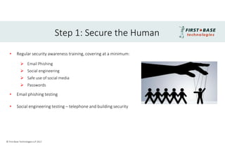 • Regular security awareness training, covering at a minimum:
 Email Phishing
 Social engineering
 Safe use of social media
 Passwords
• Email phishing testing
• Social engineering testing – telephone and building security
Step 1: Secure the Human
© First Base Technologies LLP 2017
 