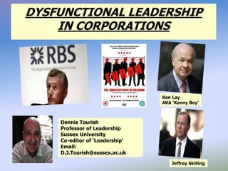 Dennis Tourish
Professor of Leadership
Sussex University
Co-editor of ‘Leadership’
Email:
D.J.Tourish@sussex.ac.uk
DYSFUNCTIONAL LEADERSHIP
IN CORPORATIONS
Ken Lay
AKA ‘Kenny Boy’
Jeffrey Skilling
 
