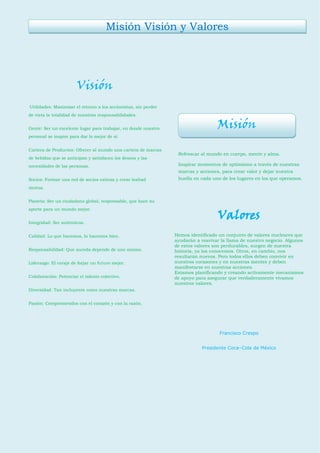 Utilidades: Maximizar el retorno a los accionistas, sin perder de vista la totalidad de nuestras responsabilidades. 
Gente: Ser un excelente lugar para trabajar, en donde nuestro personal se inspire para dar lo mejor de sí. 
Cartera de Productos: Ofrecer al mundo una cartera de marcas de bebidas que se anticipan y satisfacen los deseos y las necesidades de las personas. 
Socios: Formar una red de socios exitosa y crear lealtad mutua. 
Planeta: Ser un ciudadano global, responsable, que hace su aporte para un mundo mejor. 
Integridad: Ser auténticos. 
Calidad: Lo que hacemos, lo hacemos bien. 
Responsabilidad: Que suceda depende de uno mismo. 
Liderazgo: El coraje de forjar un futuro mejor. 
Colaboración: Potenciar el talento colectivo. 
Diversidad: Tan incluyente como nuestras marcas. 
Pasión: Comprometidos con el corazón y con la razón. 
Visión 
Misión Visión y Valores 
Refrescar al mundo en cuerpo, mente y alma. 
Inspirar momentos de optimismo a través de nuestras marcas y acciones, para crear valor y dejar nuestra huella en cada uno de los lugares en los que operamos. 
Valores 
Hemos identificado un conjunto de valores nucleares que ayudarán a reavivar la llama de nuestro negocio. Algunos de estos valores son perdurables, surgen de nuestra historia, ya los conocemos. Otros, en cambio, nos resultarán nuevos. Pero todos ellos deben convivir en nuestros corazones y en nuestras mentes y deben manifestarse en nuestras acciones. 
Estamos planificando y creando activamente mecanismos de apoyo para asegurar que verdaderamente vivamos nuestros valores. 
Francisco Crespo 
Presidente Coca–Cola de México 
Misión  