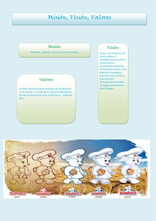 Misión, Visión, Valores 
Misión 
Alimentar, Deleitar y Servir a nuestro mundo. 
Visión 
 Somos Una empresa con marcas líderes y confiables para nuestros consumidores. El proveedor preferido de nuestros clientes. Una empresa innovadora, que mira hacia el futuro. Una empresa financieramente sólida. Un lugar extraordinario para trabajar. 
Valores 
En 2015 somos la mejor empresa de panificación en el mundo y un líder de la industria alimenticia, donde nuestra gente hace la diferencia todos los días.  