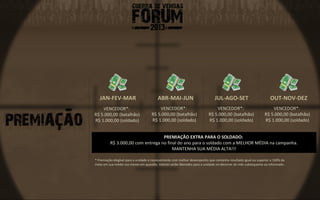 JAN-FEV-MAR                           ABR-MAI-JUN                          JUL-AGO-SET                         OUT-NOV-DEZ
    VENCEDOR*:                           VENCEDOR*:                           VENCEDOR*:                           VENCEDOR*:
R$ 5.000,00 (batalhão)               R$ 5.000,00 (batalhão)               R$ 5.000,00 (batalhão)               R$ 5.000,00 (batalhão)
R$ 1.000,00 (soldado)                R$ 1.000,00 (soldado)                R$ 1.000,00 (soldado)                R$ 1.000,00 (soldado)


                                   PREMIAÇÃO EXTRA PARA O SOLDADO:
          R$ 3.000,00 com entrega no final do ano para o soldado com a MELHOR MÉDIA na campanha.
                                        MANTENHA SUA MÉDIA ALTA!!!

* Premiação elegível para a unidade e representante com melhor desempenho que contenha resultado igual ou superior a 100% da
meta em sua média nos meses em questão. Valores serão liberados para a unidade no decorrer do mês subsequente ao informado.
 