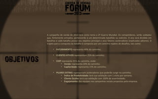 A campanha de venda de 2013 terá como tema a 2ª Guerra Mundial. Os competidores, serão soldados
que, fortemente armados, pertencerão à um determinado batalhão ou exército. O ano será dividido em
batalhas e cada batalha possui seu objetivo principal e seus fatores aceleradores (explicados adiante). O
trajeto para a conquista da batalha é composta por um caminho repleto de desafios, tais como:

      • FATURAMENTO representa 40% do caminho;

      • CLIENTES ATIVOS representam 25% do caminho;

      • CHIP representa 35% do caminho, onde:
            • Venda: representa 20% do caminho;
            • Capilaridade: representa 15% do caminho;

      • PILARES EXTRAS representam aceleradores que poderão surgir no caminho:
            • Índice de Produtividade: terá sua validação com 1 visita por semana;
            • Cliente Oculto: terá sua validação com 100% de assertividade;
            • Engajamento: das equipes nas campanhas sociais propostas pela empresa.
 