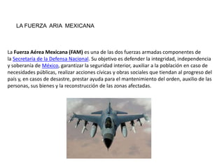 LA FUERZA ARIA MEXICANA



La Fuerza Aérea Mexicana (FAM) es una de las dos fuerzas armadas componentes de
la Secretaría de la Defensa Nacional. Su objetivo es defender la integridad, independencia
y soberanía de México, garantizar la seguridad interior, auxiliar a la población en caso de
necesidades públicas, realizar acciones cívicas y obras sociales que tiendan al progreso del
país y, en casos de desastre, prestar ayuda para el mantenimiento del orden, auxilio de las
personas, sus bienes y la reconstrucción de las zonas afectadas.
 