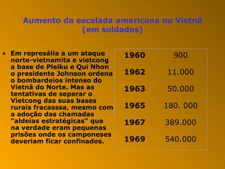 Aumento da escalada americana no Vietnã (em soldados) Em represália a um ataque norte-vietnamita e vietcong a base de Pleiku e Qui Nhon o presidente Johnson ordena o bombardeios intenso do Vietnã do Norte. Mas as tentativas de separar o Vietcong das suas bases rurais fracasssa, mesmo com a adoção das chamadas "aldeias estratégicas" que na verdade eram pequenas prisões onde os camponeses deveriam ficar confinados. 1960 900 1962 11.000 1963 50.000 1965 180. 000 1967 389.000 1969 540.000 