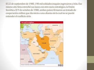 El22deseptiembrede1980,190milsoldadosiraquíesingresaronaIrán.Ese
mismoañoSiriaestrechósuslazosconotrosocioestratégico,laUnión
Soviética.El9deoctubrede1980,ambospaísesfirmaronuntratadode
cooperaciónmilitar,quedioinicioaunaalianzasinlacualnosepuede
entenderelconflictosirio.
 