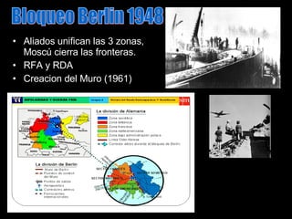 Aliados unifican las 3 zonas, Moscú cierra las fronteras. RFA y RDA Creacion del Muro (1961) Bloqueo Berlin 1948 