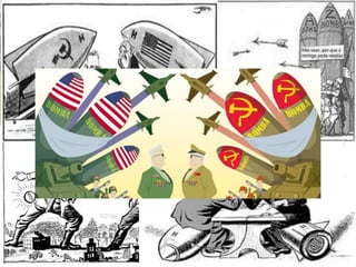 Na verdade, uma expressão explica muito bem este período: a
existência da Paz Armada. As duas potências envolveram-se
numa corrida armamentista, espalhando exércitos e
armamentos em seus territórios e nos países aliados. Enquanto
houvesse um equilíbrio bélico entre as duas potências, a paz
estaria garantida, pois haveria o medo do ataque inimigo.
Nesta época, formaram-se dois blocos militares, cujo objetivo
era defender os interesses militares dos países membros.
A OTAN - Organização do Tratado do Atlântico Norte (surgiu
em abril de 1949) era liderada pelos Estados Unidos e tinha
suas bases nos países membros, principalmente na Europa
Ocidental. O Pacto de Varsóvia era comandado pela União
Soviética e defendia militarmente os países socialistas.
Alguns países membros da OTAN : Estados Unidos, Canadá,
Itália, Inglaterra, Alemanha Ocidental, França, Suécia,
Espanha, Bélgica, Holanda, Dinamarca, Áustria e Grécia.
Alguns países membros do Pacto de Varsóvia: URSS,
Cuba, China, Coreia do Norte, Romênia, Alemanha Oriental,
Albânia, Tchecoslováquia e Polônia.
 
