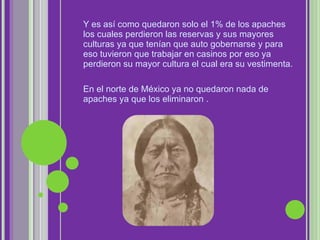 Y es así como quedaron solo el 1% de los apaches los cuales perdieron las reservas y sus mayores culturas ya que tenían que auto gobernarse y para eso tuvieron que trabajar en casinos por eso ya perdieron su mayor cultura el cual era su vestimenta. En el norte de México ya no quedaron nada de apaches ya que los eliminaron . 
