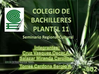 COLEGIO DE BACHILLERES PLANTEL 11 Seminario Regional Cultural  Integrantes: Cruz Vasquez Oscar A. Salazar Miranda Carolina. Torres Cardona Sergio A. 602 