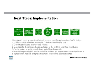 Next Steps: Implementation
Model
Improvements
Submitted to
EPA
AERMOD with
PRIME2 and
ORD Switches
EPA
releases
New PRIME2
as Alpha
option
App W
Sec
3.2.2
reqs.
EPA
releases
PRIME2 as
Beta
option
Notice of
proposed
rulemaking
(NPRM)
New PRIME is
released as
default
regulatory
option
Alpha option needs to meet the alternative refined model requirements in App W, Section
3.2.2 before it can become a Beta option. These requirements include:
1-Model has received a scientific peer review;
2-Model can be demonstrated to be applicable to the problem on a theoretical basis;
3-The data bases to perform analysis are available and adequate;
4-Appropriate performance evaluations show model is not biased toward underestimation; &
5-A protocol on methods and procedures to be followed has been established
PRIME2 Model Evaluation
 