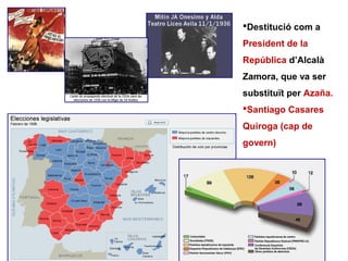 Destitució com a
President de la
República d’Alcalà
Zamora, que va ser
substituït per Azaña.
Santiago Casares
Quiroga (cap de
govern)
 