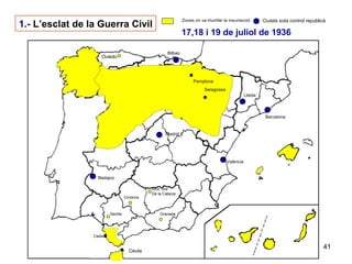 41
Sevilla
Cadis
Cordova
Ntra. Sra
De la Cabeza
Granada
Ceuta
Oviedo
Zones on va triumfar la insurrecció Ciutats sota control republicà
Bilbao
Barcelona
Lleida
Madrid
València
Badajoz
Saragossa
Pamplona
17,18 i 19 de juliol de 1936
1.- L’esclat de la Guerra Civil
 