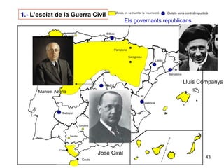 43
Sevilla
Cadis
Cordova
1.- L’esclat de la Guerra Civil
Ntra. Sra
De la Cabeza
Granada
Ceuta
Oviedo
Zones on va triumfar la insurrecció Ciutats sona control republicà
Bilbao
Barcelona
Lleida
Madrid
València
Badajoz
Pamplona
Saragossa
Manuel Azaña
Els governants republicans
José Giral
Lluís Companys
 