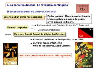 51
2.-La zona republicana: La revolució continguda
El desencadenament de la Revolució social
Es crea el Comitè Central de Milícies AntifeixistesEs crea el Comitè Central de Milícies Antifeixistes
Extensió d’un clima revolucionari.Extensió d’un clima revolucionari. Poder popular. Canvis revolucionaris
L’ordre públic en mans de grups
civils armats (milicians)
Coordinar la defensa de la República, ordre públic..
Dualitat de poder
CNT-FAI, POUM, PSUC, ERC,
Unió de Rabassaires, Acció Catalana
Barcelona
Inici d’un procés revolucionari i de repressió
Poder revolucionari. Comites, Juntes. CNT. Poder real
Generalitat. Poder legal
 