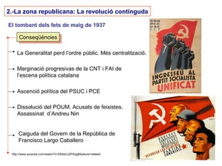 66
2.-La zona republicana: La revolució continguda
El tombant dels fets de maig de 1937
ConseqüènciesConseqüències
La Generalitat perd l’ordre públic. Més centralització.
Marginació progresivas de la CNT i FAI de
l’escena política catalana
Ascenció política del PSUC i PCE
Dissolució del POUM. Acusats de feixistes.
Assassinat d’Andreu Nin
Caiguda del Govern de la República de
Francisco Largo Caballero
http://www.youtube.com/watch?v=EKbbnJZF6zg&feature=related
 