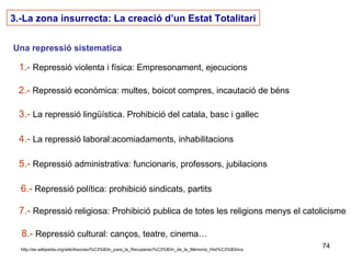 74
3.-La zona insurrecta: La creació d’un Estat Totalitari
Una repressió sistematica
1.- Repressió violenta i física: Empresonament, ejecucions
2.- Repressió econòmica: multes, boicot compres, incautació de béns
3.- La repressió lingüística. Prohibició del catala, basc i gallec
4.- La repressió laboral:acomiadaments, inhabilitacions
5.- Repressió administrativa: funcionaris, professors, jubilacions
6.- Repressió política: prohibició sindicats, partits
7.- Repressió religiosa: Prohibició publica de totes les religions menys el catolicisme
8.- Repressió cultural: canços, teatre, cinema…
http://es.wikipedia.org/wiki/Asociaci%C3%B3n_para_la_Recuperaci%C3%B3n_de_la_Memoria_Hist%C3%B3rica
 
