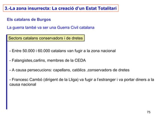 75
3.-La zona insurrecta: La creació d’un Estat Totalitari
Els catalans de Burgos
La guerra també va ser una Guerra Civil catalana
Sectors catalans conservadors i de dretes
- Entre 50.000 i 60.000 catalans van fugir a la zona nacional
- Falangistes,carlins, membres de la CEDA
- A causa persecucions: capellans, catòlics ,conservadors de dretes
- Francesc Cambó (dirigent de la Lliga) va fugir a l’estranger i va portar diners a la
causa nacional
 