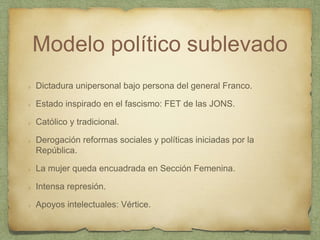 Modelo político sublevado
Dictadura unipersonal bajo persona del general Franco.
Estado inspirado en el fascismo: FET de las JONS.
Católico y tradicional.
Derogación reformas sociales y políticas iniciadas por la
República.
La mujer queda encuadrada en Sección Femenina.
Intensa represión.
Apoyos intelectuales: Vértice.
 