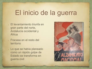 El inicio de la guerra
El levantamiento triunfa en
gran parte del norte,
Andalucía occidental y
África
Fracasa en el resto del
territorio
Lo que se había planeado
como un rápido golpe de
Estado se transforma en
guerra civil
 