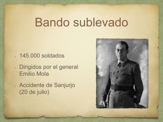 Bando sublevado
145.000 soldados
Dirigidos por el general
Emilio Mola
Accidente de Sanjurjo
(20 de julio)
 