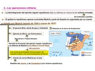 La desintegración del ejército regular republicano dejó su defensa en manos de las milicias armadas
De sindicatos y partidos
3.- Las operaciones militares
La batalla por Madrid (agosto de 1936 a marzo de 1937)
- El general Mola, desde Burgos y Valladolid
Mola
Detenido en la sierra de Guadarrama
Yagüe
Toledo
- Ejército de África, por Extremadura
Desviación a Toledo (Alcázar)
-Permite la formación del ejército regular republicano
y la defensa de Madrid (José Miaja y Vicente Rojo)
«No pasarán»
Con ayuda de las Brigadas Internacionales, del
material soviético y los anarcosindicalistas de Durruti
- Intento de cercar Madrid por el este
Batallas del Jarama y de Guadalajara (con victoria republicana)
El gobierno republicano apenas controlaba Madrid y parte de España se organizaba por su cuenta
 