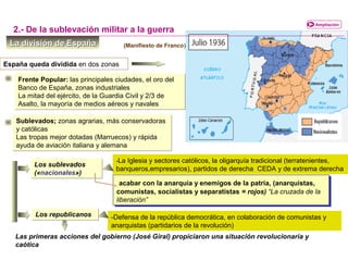 La división de EspañaLa división de España
2.- De la sublevación militar a la guerra
Ampliación
España queda dividida en dos zonas
-Defensa de la república democrática, en colaboración de comunistas y
anarquistas (partidarios de la revolución)
Las primeras acciones del gobierno (José Giral) propiciaron una situación revolucionaria y
caótica
(Manifiesto de Franco)
-La Iglesia y sectores católicos, la oligarquía tradicional (terratenientes,
banqueros,empresarios), partidos de derecha CEDA y de extrema derecha
Los sublevados
(«nacionales»)
Los sublevados
(«nacionales»)
Los republicanosLos republicanos
Frente Popular: las principales ciudades, el oro del
Banco de España, zonas industriales
La mitad del ejército, de la Guardia Civil y 2/3 de
Asalto, la mayoría de medios aéreos y navales
Frente Popular: las principales ciudades, el oro del
Banco de España, zonas industriales
La mitad del ejército, de la Guardia Civil y 2/3 de
Asalto, la mayoría de medios aéreos y navales
Sublevados; zonas agrarias, más conservadoras
y católicas
Las tropas mejor dotadas (Marruecos) y rápida
ayuda de aviación italiana y alemana
Sublevados; zonas agrarias, más conservadoras
y católicas
Las tropas mejor dotadas (Marruecos) y rápida
ayuda de aviación italiana y alemana
acabar con la anarquía y enemigos de la patria, (anarquistas,
comunistas, socialistas y separatistas = rojos) “La cruzada de la
liberación”
acabar con la anarquía y enemigos de la patria, (anarquistas,
comunistas, socialistas y separatistas = rojos) “La cruzada de la
liberación”
 
