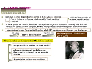 -Con la fusión de la Falange y la Comunión Tradicionalista
(carlistas)
La unificación políticaLa unificación política
Se creó un régimen de partido único similar al de los Estados fascistas
- Los monárquicos de Renovación Española y la CEDA aceptaron la unificación y se disolvieron
2.- La España «nacional»
Unificación organizada por
Ramón Serrano Súñer
Llevada a
cabo por
el
- Decreto de unificación
El partido único
se llamaría
Falange Española Tradicionalista
y de la JONS
Falange Española Tradicionalista
y de la JONS
-El nuevo partido fue llamado también Movimiento Nacional
-Conde, jefe de los carlistas, estaba en contra pero le obligaron a abandonar España y José Antonio
fusilado por los republicanos Después, Hedilla (falangista) será encarcelado por no aceptar el decreto
- adoptó el saludo fascista de brazo en alto
-Adoptó la camisa azul, símbolo de los
falangistas y la boina roja de los requetés
carlistas
-El yugo y las flechas como emblema
 