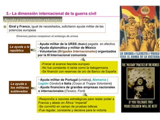 Ayuda e intervención extranjeraAyuda e intervención extranjera
3.- La dimensión internacional de la guerra civil
Diversos países rompieron el embargo de armas
La ayuda a la
república
La ayuda a la
república
-Frenar el avance fascista europeo
-No fue constante ni tanta como la italogermana
-Se financió con reservas de oro de Banco de España
Giral y Franco, igual de necesitados, solicitaron ayuda militar de las
potencias europeas
La ayuda a
los militares
sublevados
La ayuda a
los militares
sublevados
- Ayuda militar de Portugal (viriatos), Alemania (
Legión Cóndor) e Italia (Corpo di Truppe Volontaire)
- Ayuda financiera de grandes empresas nacionales
e internacionales (Texaco, Ford)
- Ayuda militar de la URSS (Stalin) pagada en efectivo
- Ayuda diplomática y militar de México
- Voluntarios (Brigadas Internacionales) organizados
por la III Internacional comunista
-Respondía a razones estratégicas para restar poder a
Francia y aliado en África “imperial”
-Se convirtió en campo de pruebas bélicas
-Fue regular, constante y decisiva para la victoria
 