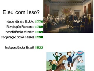 E eu com isso? 
Independência E.U.A. 1776 
Revolução Francesa 1780 
Inconfidência Mineira 1789 
Conjuração dos Alfaiates 1798 
Independência Brasil 1822 
 